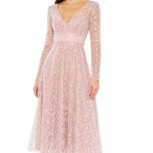 NWT MAC DUGGAL EMBELLISHED ILLUSION LONG SLEEVED MIDI DRESS PINK 24 68003